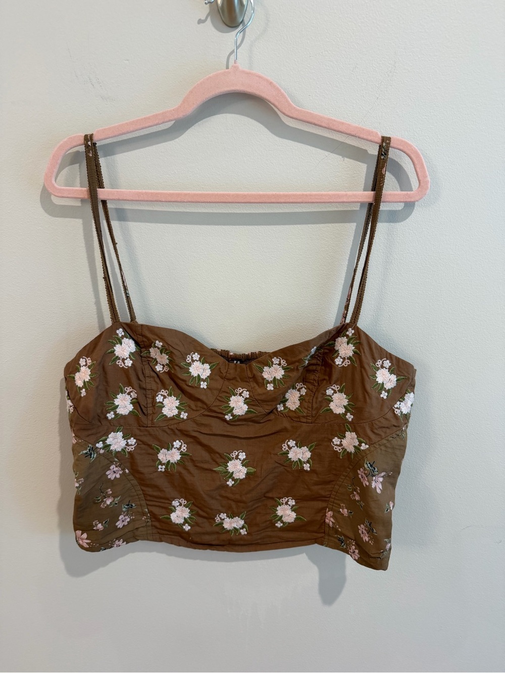 Free People Brown Floral Embroidered Crop Cami Top